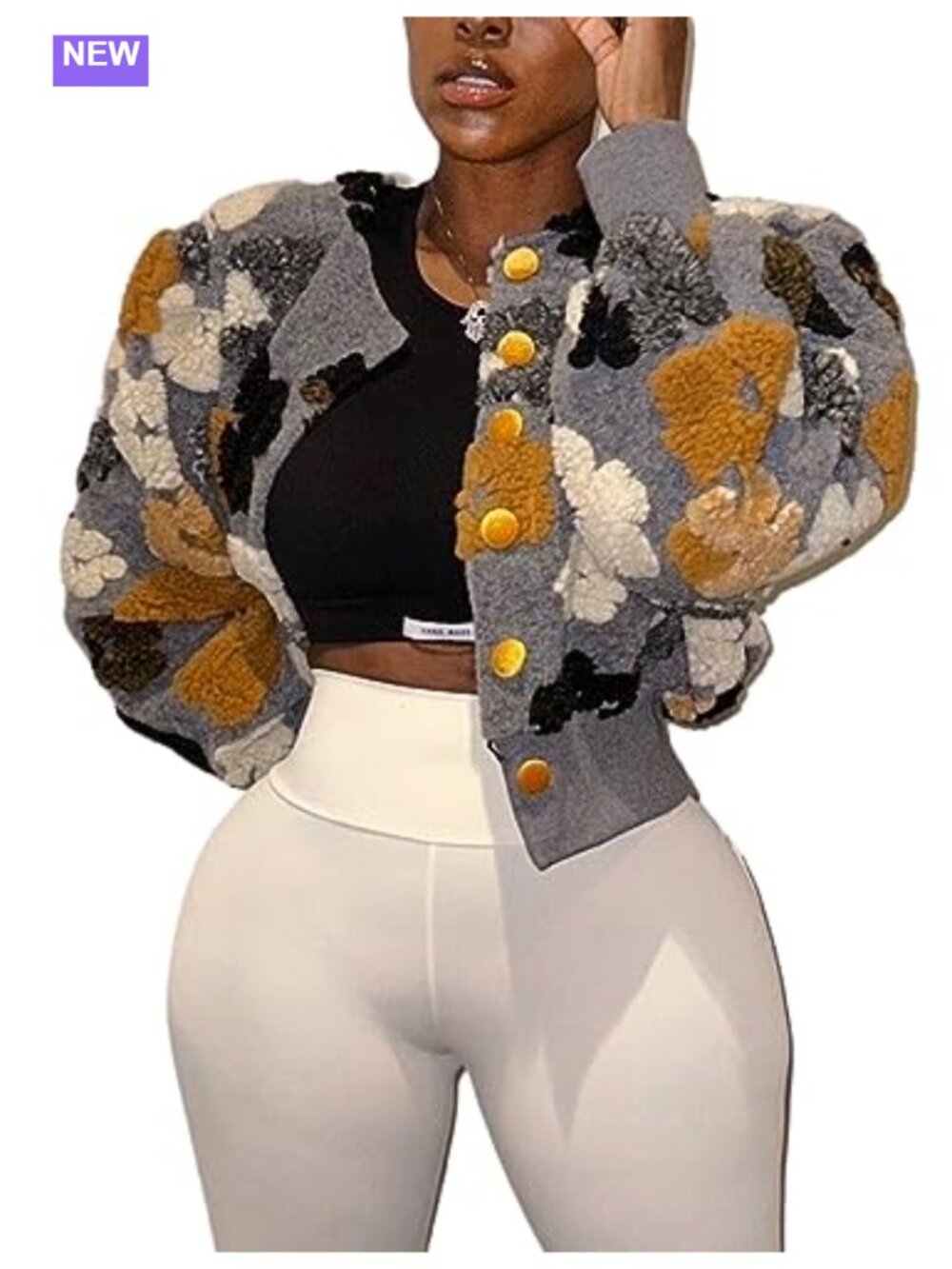 Womens Cropped Floral Print Fleece Bomber Jacket Button Down Fall Coat